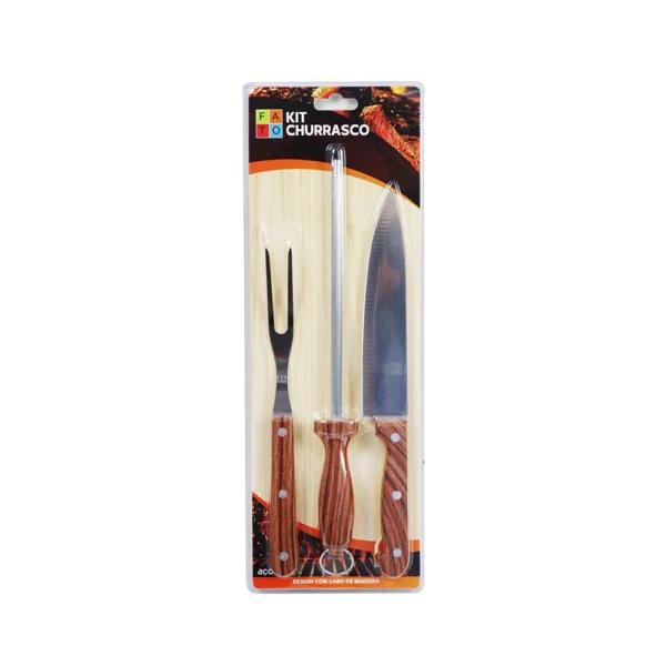 Kit Churrasco 3 Peças Aço Inox com Cabo de Madeira