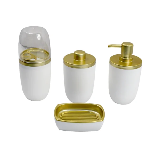 Kit Banheiro Porta Escova e Saboneteira 4 Peças Branco e Dourado Arthi