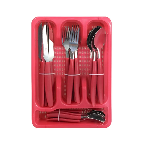 Faqueiro 25 Peças Aço Inox com Porta Talheres Vermelho